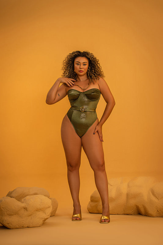 Shine Velvet Swimsuit With Cup - Green